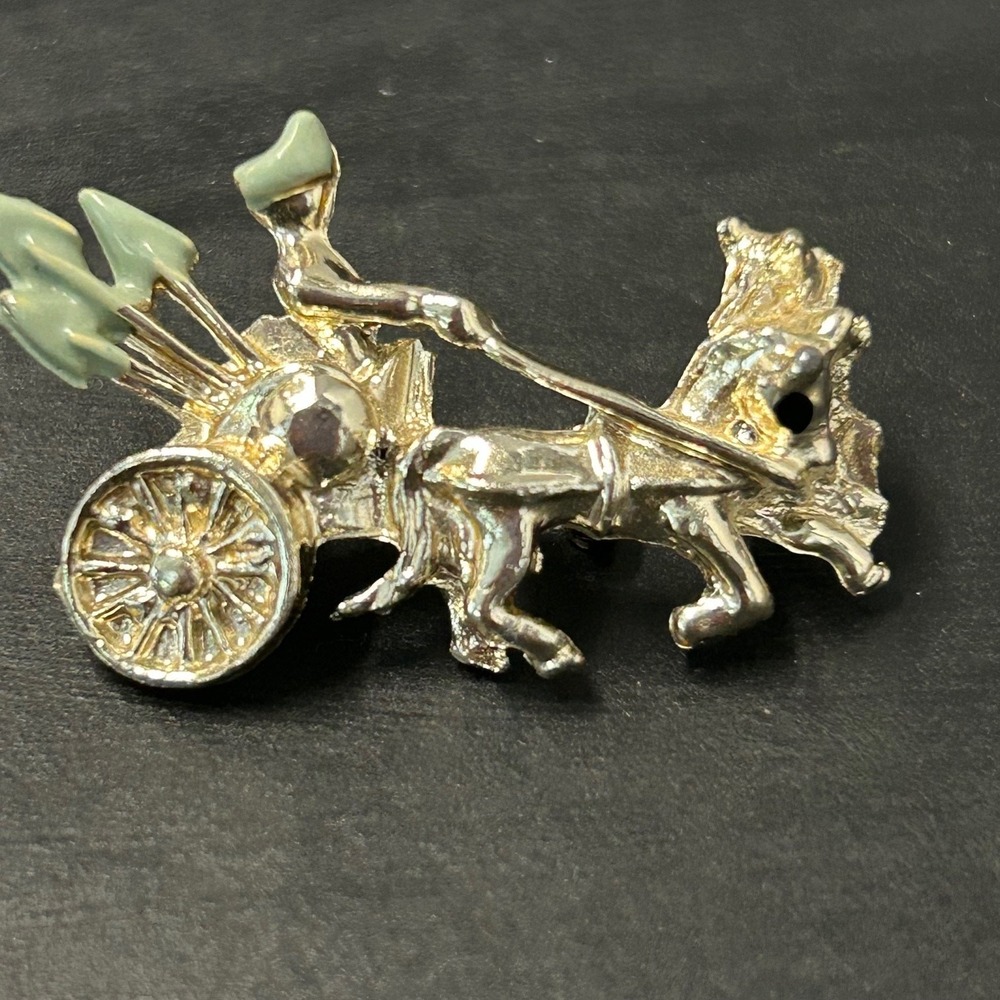 Vintage Figural Roman Gladiator Damascene Style Chariot Brooch Silvertone